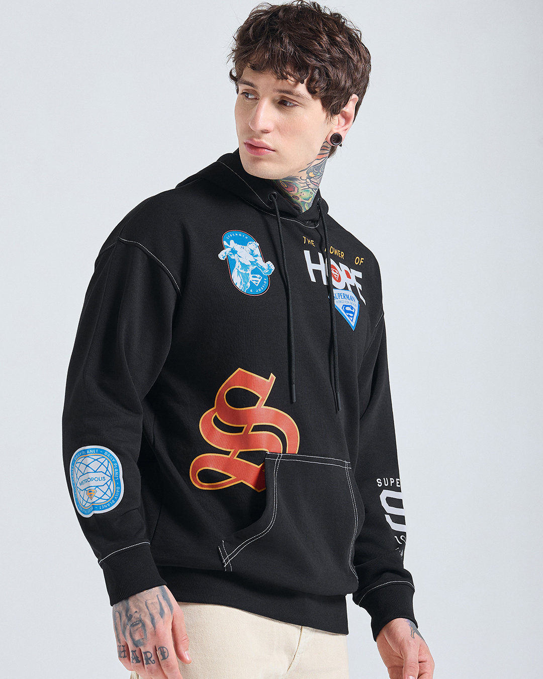 Shop Men's Black Graphic Printed Oversized Hoodies-Back