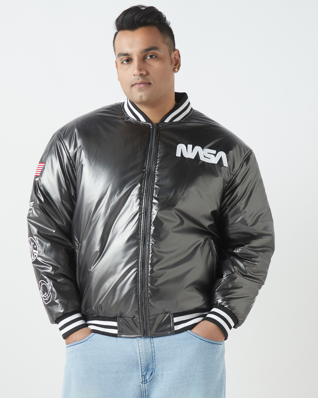 Shop Men's Black Graphic Printed Oversized Plus Size Bomber Jacket-Back