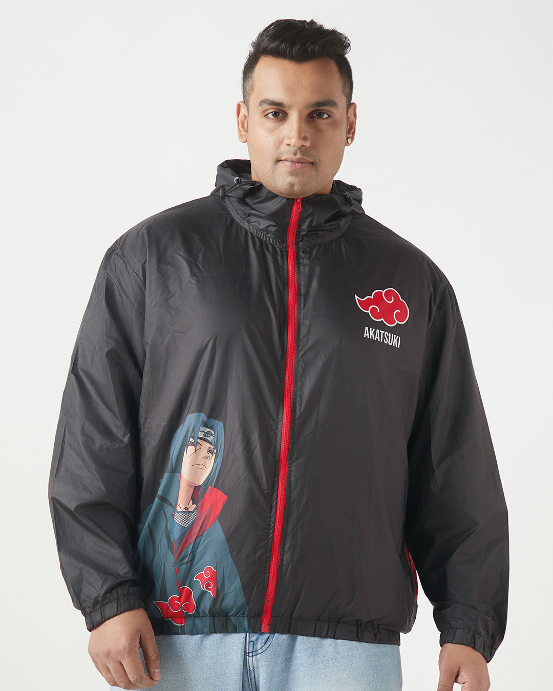 Shop Men's Black Itachi Graphic Printed Oversized Plus Size Windcheater Jacket-Back