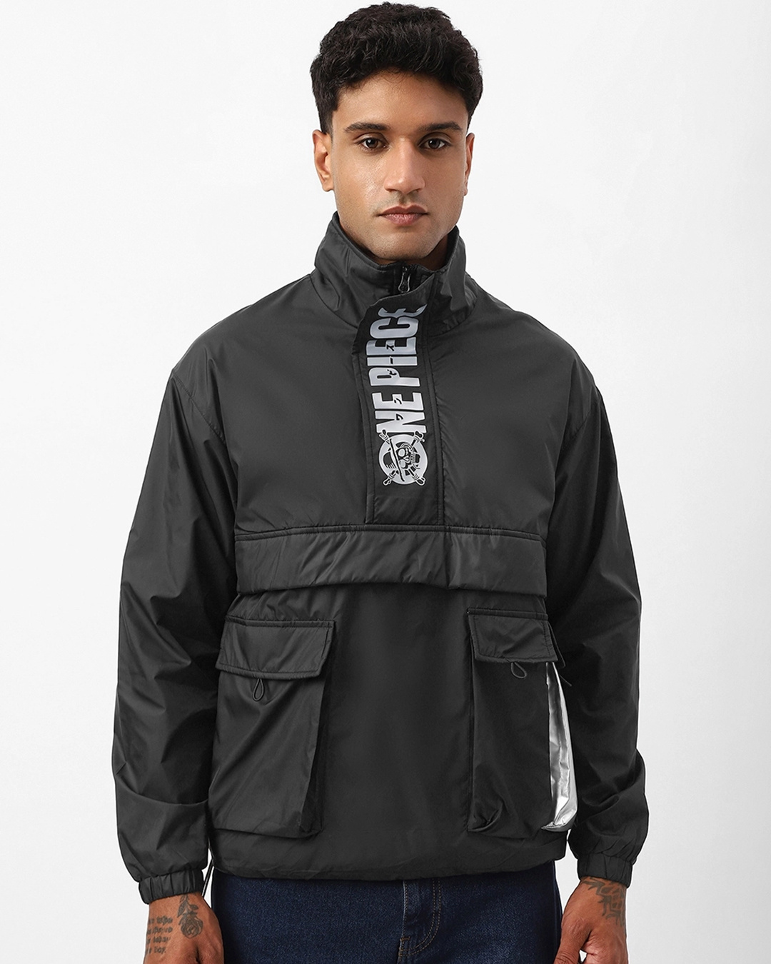 Shop Men's Black Graphic Printed Oversized Windcheater Jacket-Back