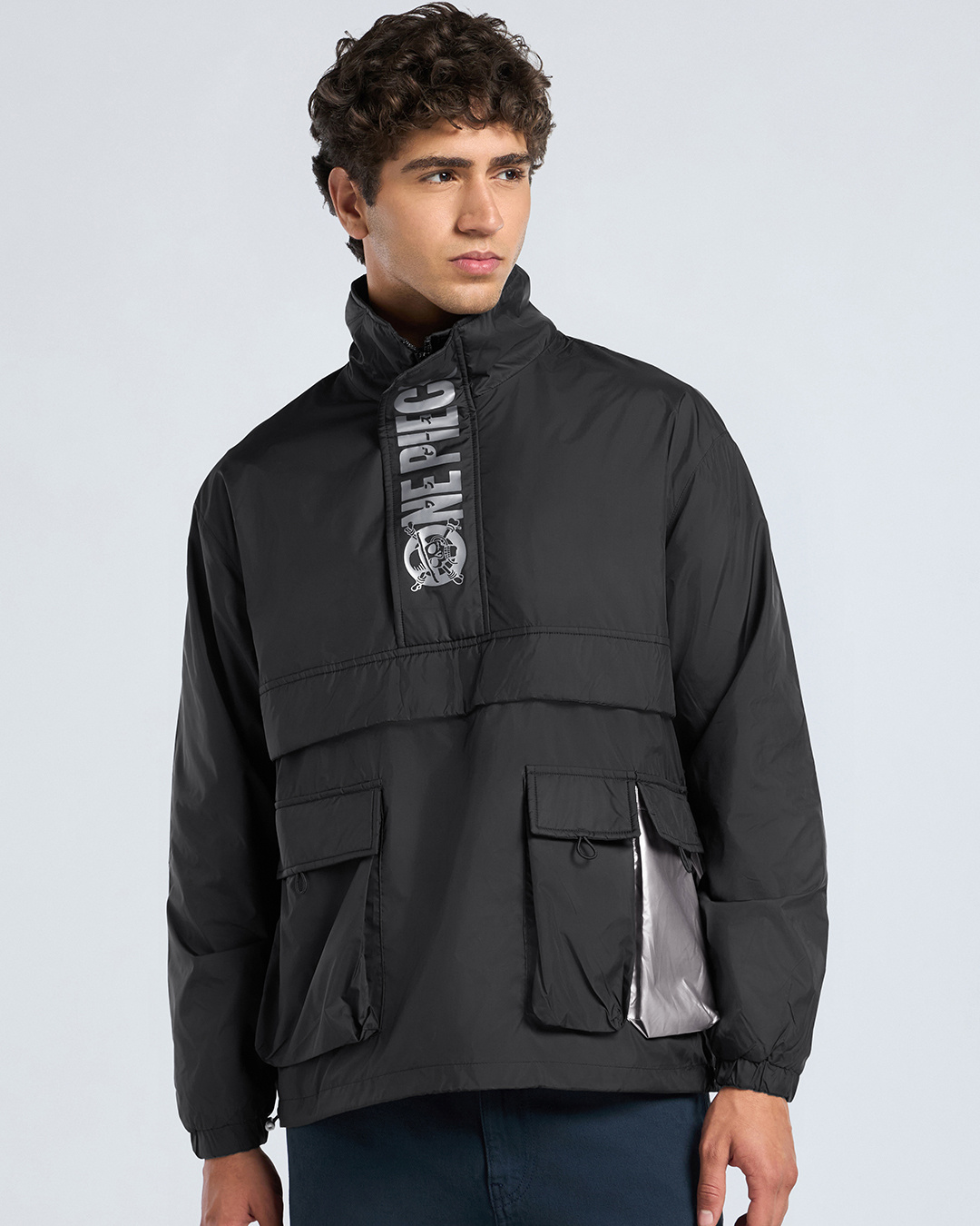 Shop Men's Black Graphic Printed Oversized Windcheater Jacket-Back