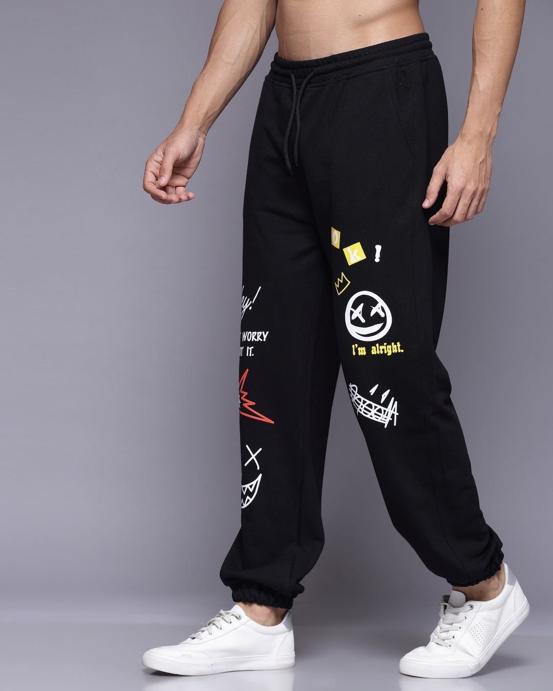 Shop Men's Black Graphic Printed Relaxed Fit Joggers-Back