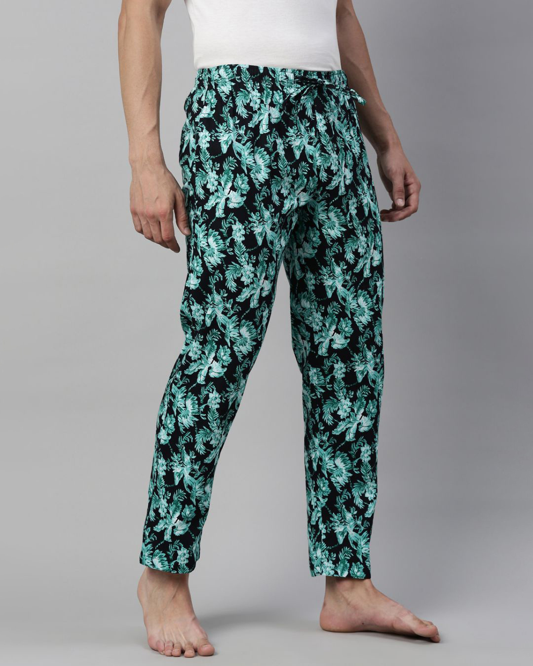 Shop Men's Black & Green All Over Floral Printed Cotton Pyjamas-Back