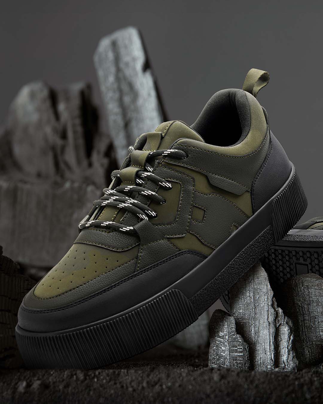 Buy Men's Black & Green Camoflauge Low-Top Sneakers - Image 1