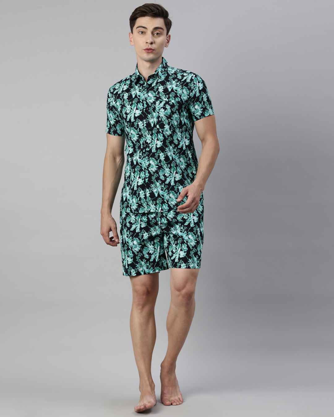 Buy Men's Black & Green Floral Printed Cotton Shirt & Shorts Set Online in India at Bewakoof