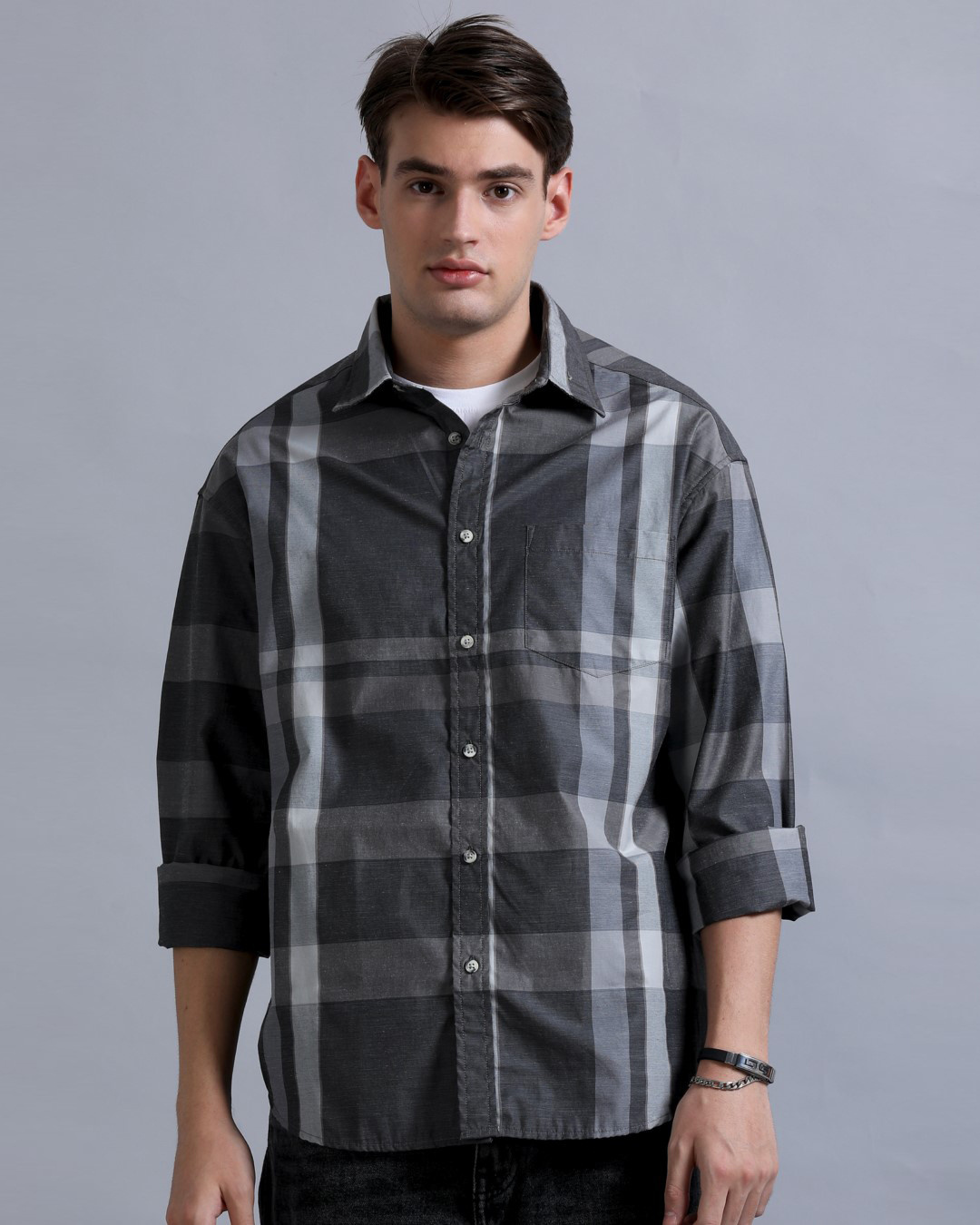 Shop Men's Black & Grey Checked Oversized Shirt-Back