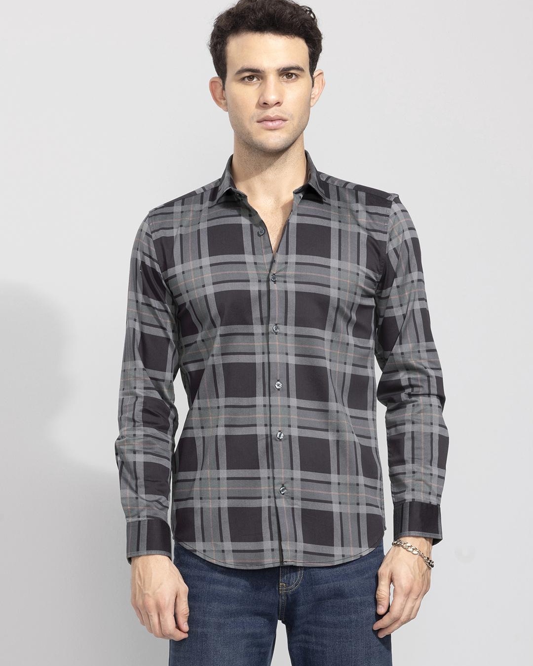 Buy Men S Black Grey Checked Slim Fit Shirt Online At Bewakoof   Men S Black Grey Checked Slim Fit Shirt 541370 1662717853 1 