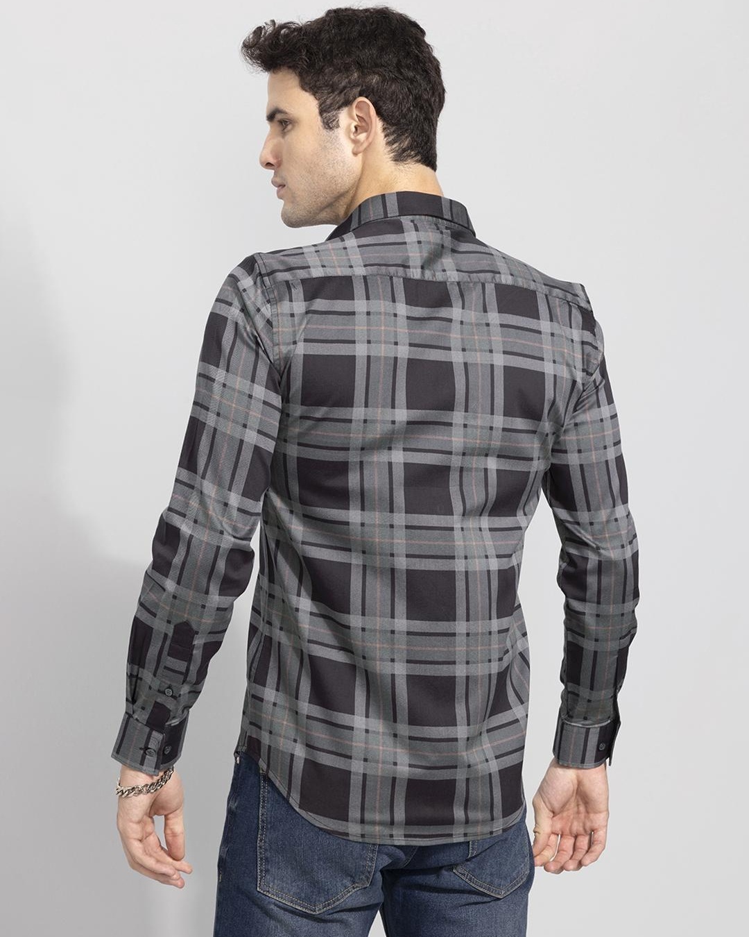 Shop Men's Black & Grey Checked Slim Fit Shirt-Back