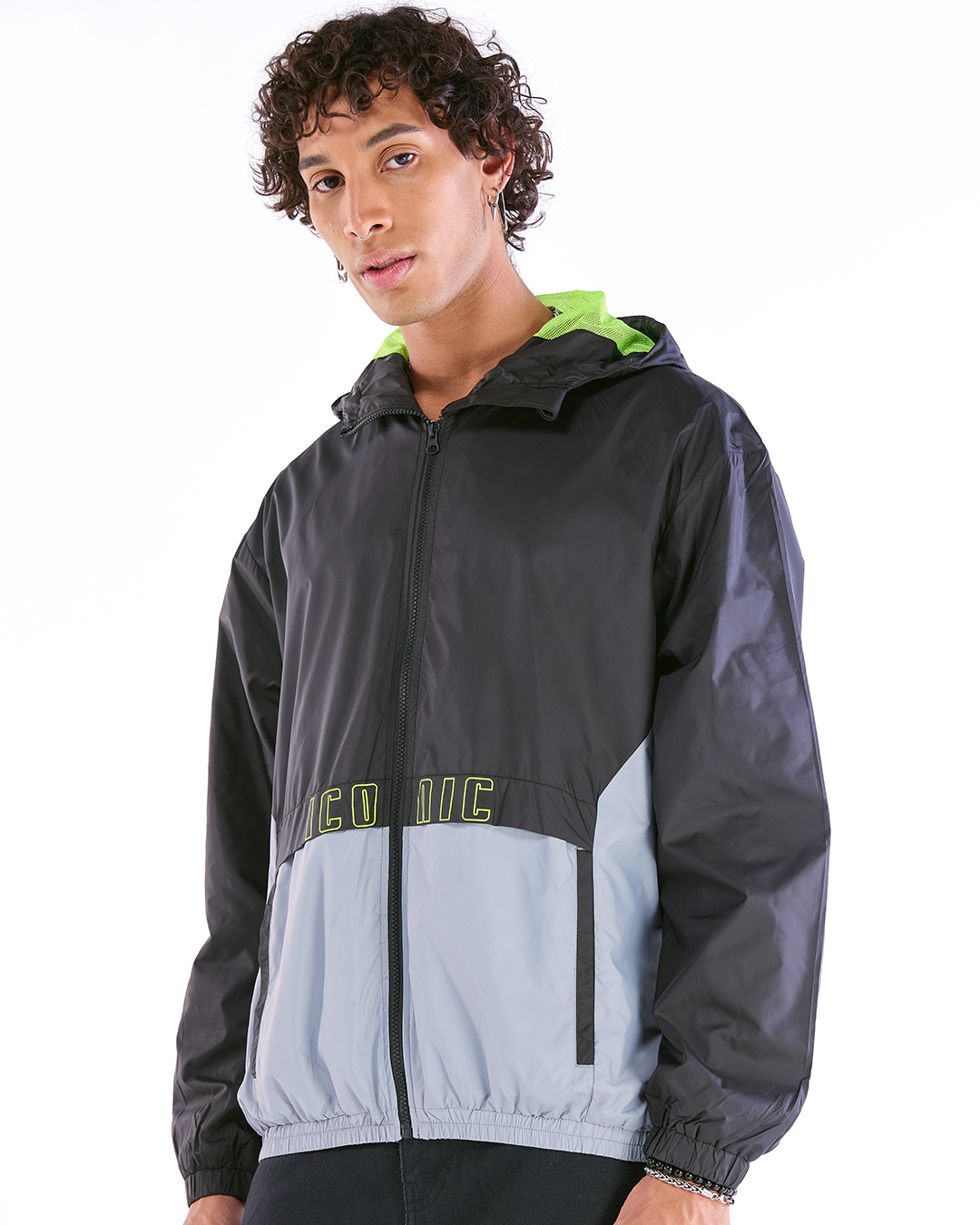 Shop Men's Black & Grey Color Block Oversized Windcheater Jacket-Back