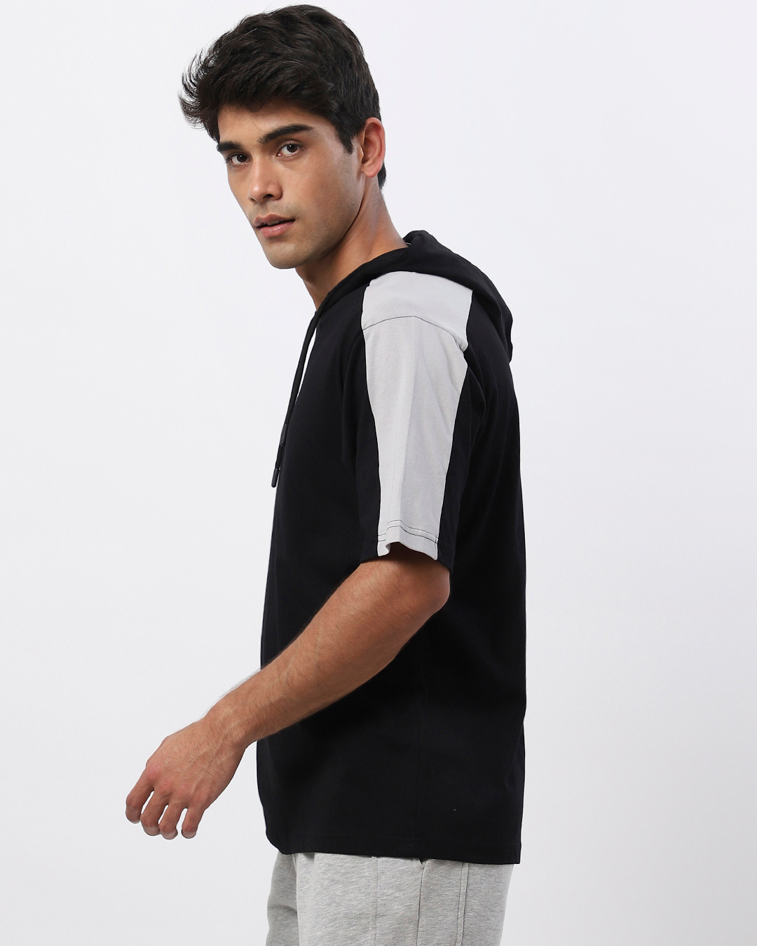Shop Men's Black & Grey Color Block Plus Size Oversized Hoodie T-shirt-Back