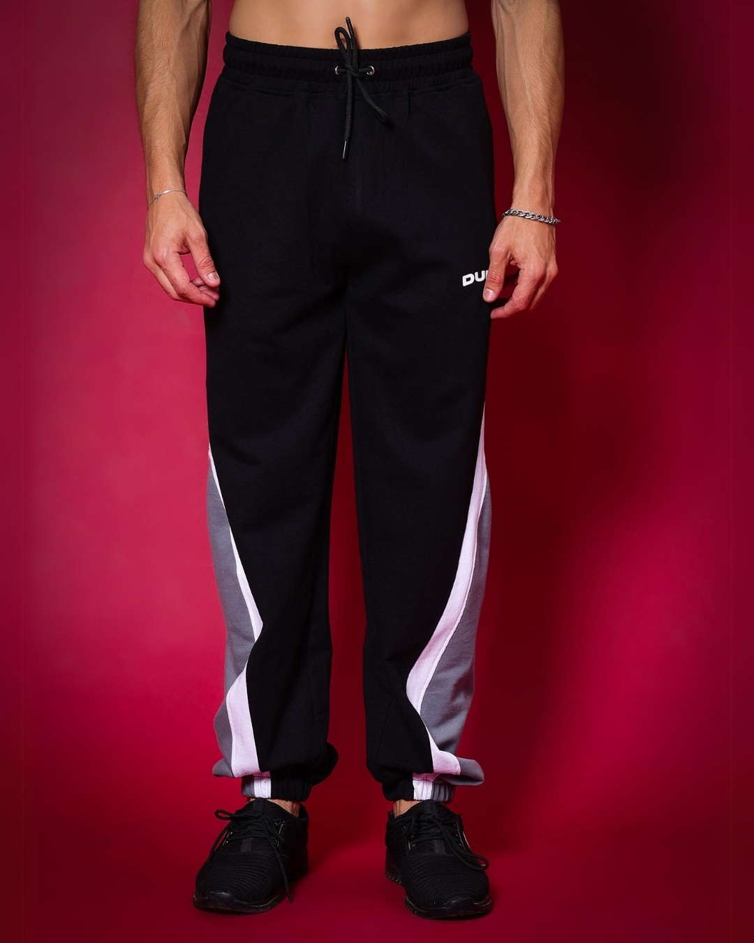 Shop Men's Black & Grey Color Block Relaxed Fit Joggers-Back