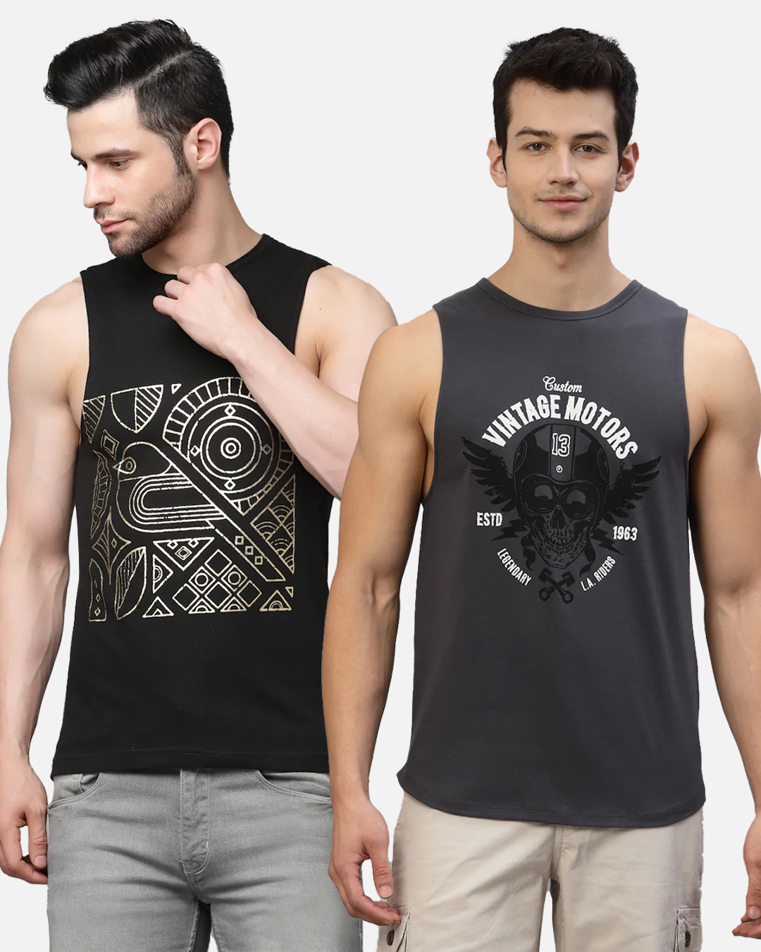 Buy Pack Of 2 Mens Black And Grey Printed Slim Fit Vest Online At Bewakoof 7582