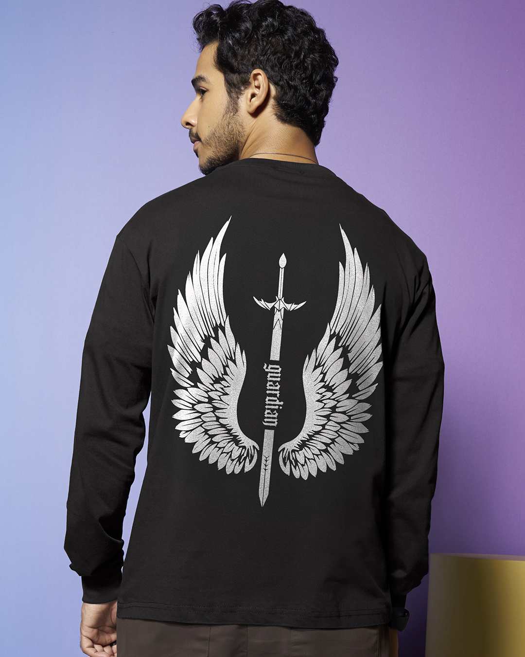 Buy Men's Black Guardian Wings Graphic Printed Oversized T-shirt Online ...