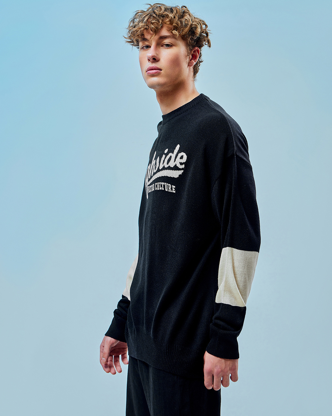 Shop Men's Black & White High Side Graphic Printed Flatknit Sweater-Back