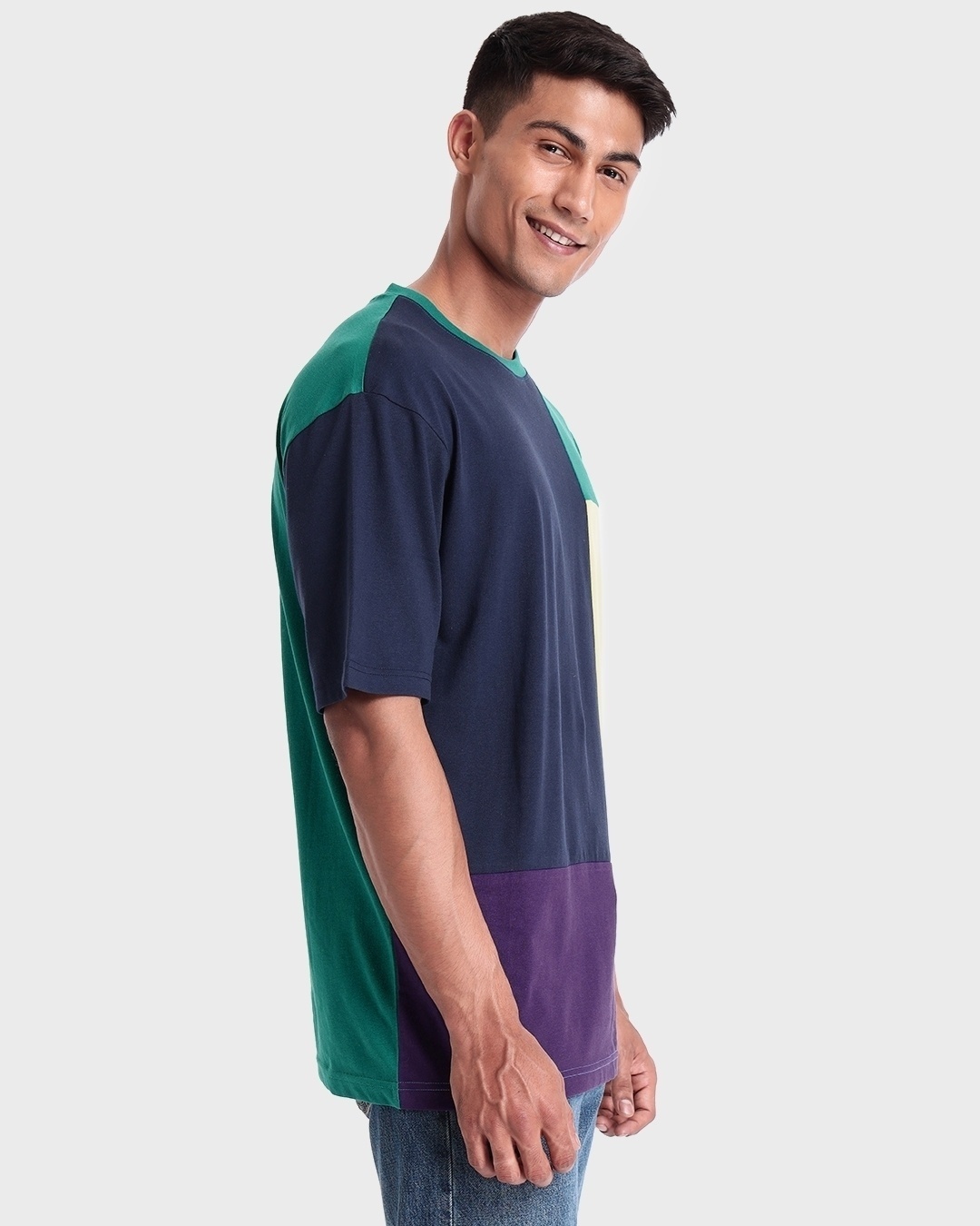 Shop Men's Blue & Green Color Block Oversized T-shirt-Back