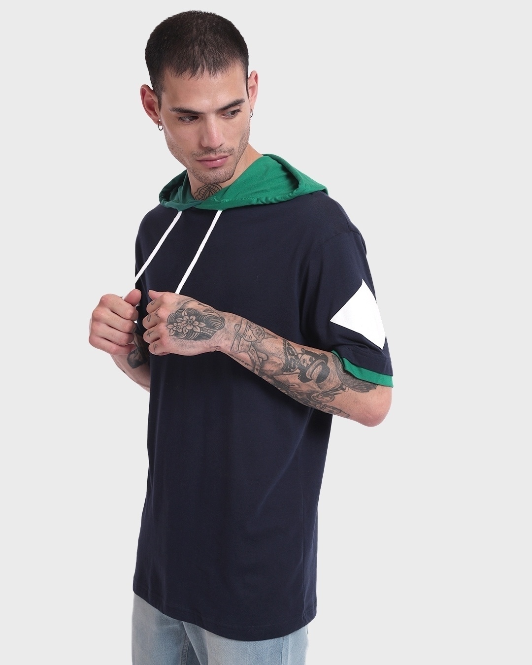 Shop Men's Blue & Green Color Block Oversized Hoodie T-shirt-Back