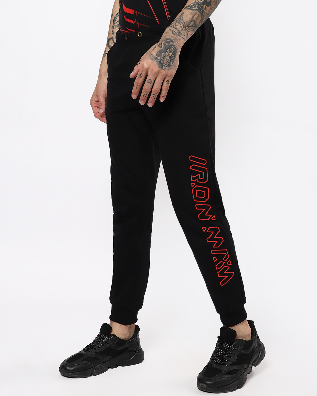 Shop Men's Black Iron Man Typography Joggers-Back