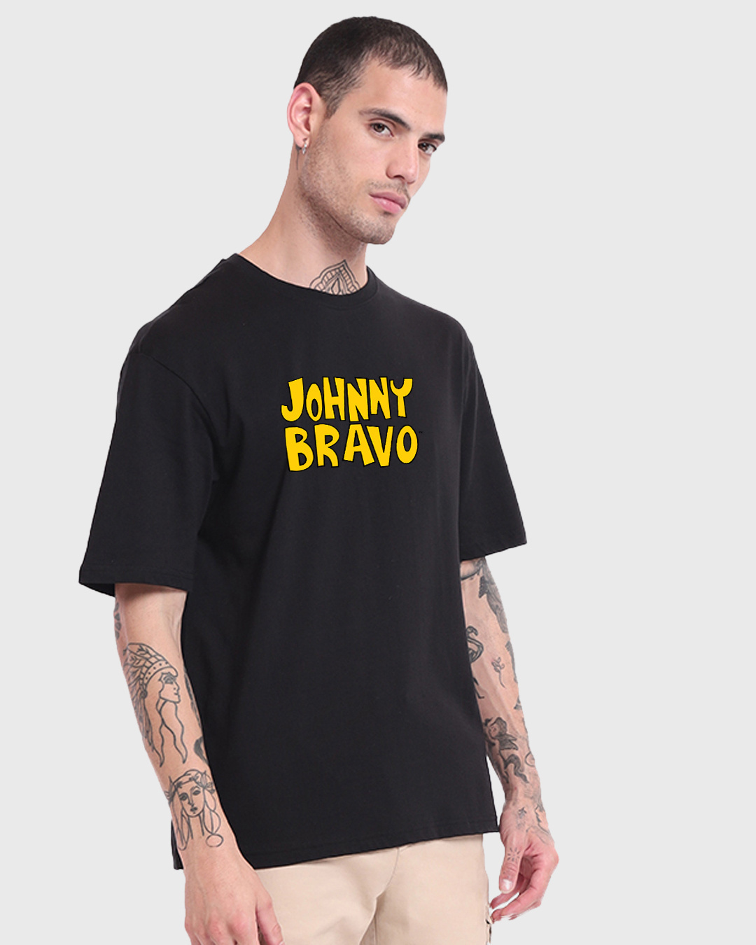 Shop Men's Black Johnny Bravo Graphic Printed Oversized T-shirt-Back