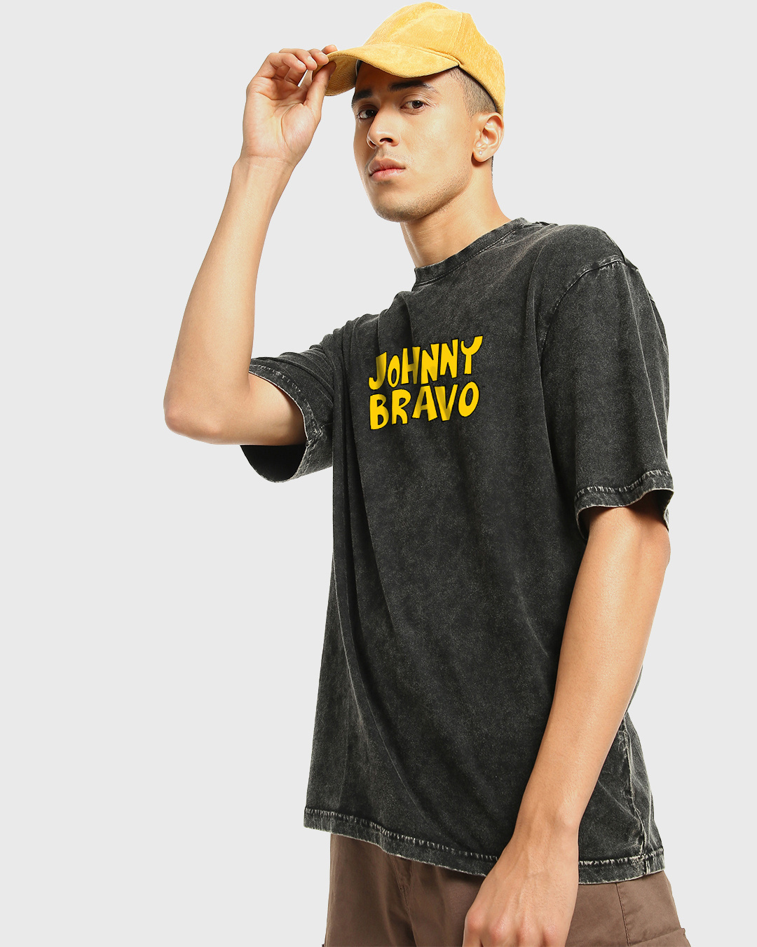 Shop Men's Black Johnny Bravo Graphic Printed Oversized Acid Wash T-shirt-Back
