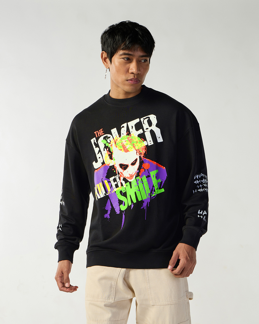 Shop Men's Black Joker Smile Graphic Printed Oversized Sweatshirt-Back