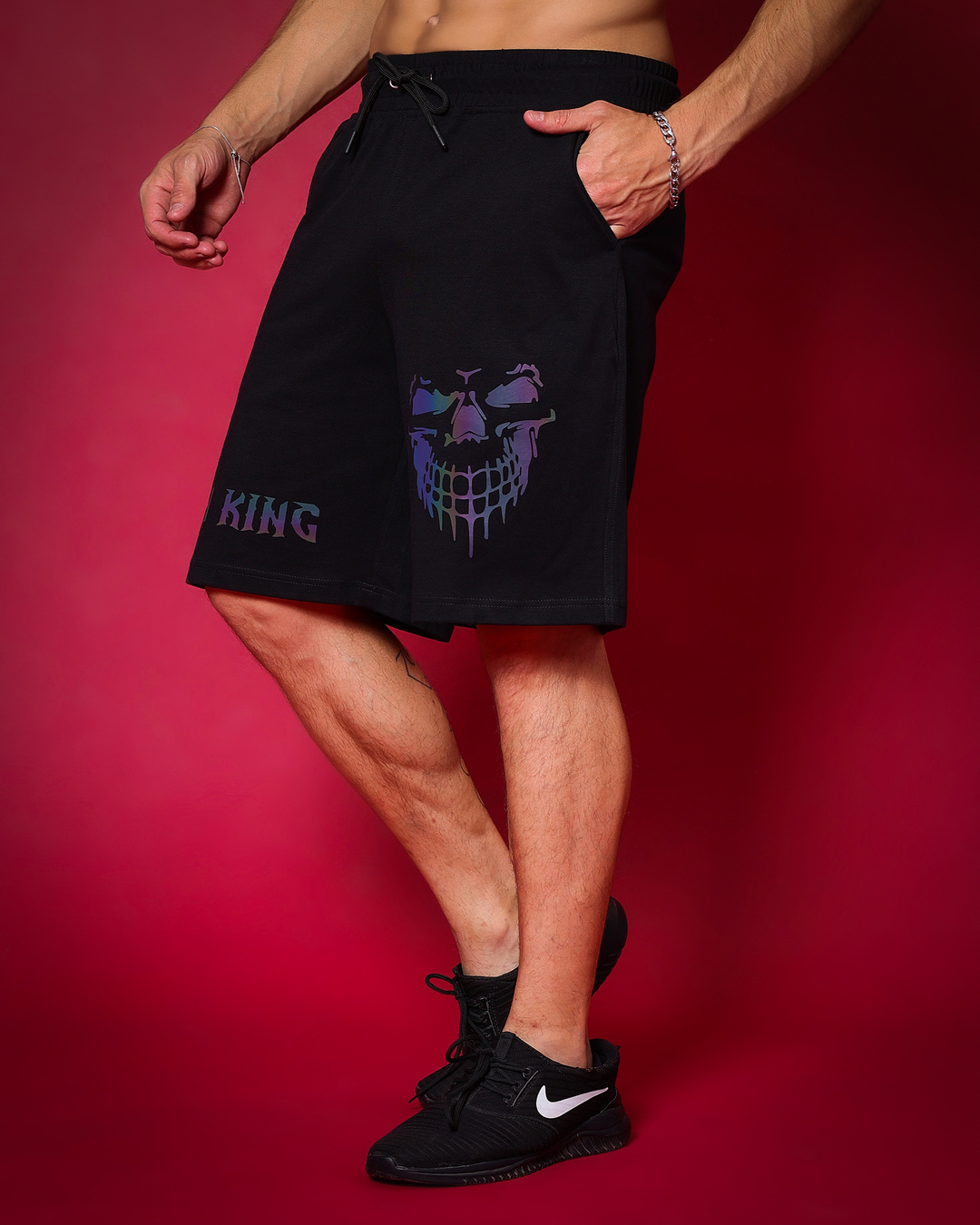 Shop Men's Black Jym King Reflective Printed Relaxed Fit Shorts-Back