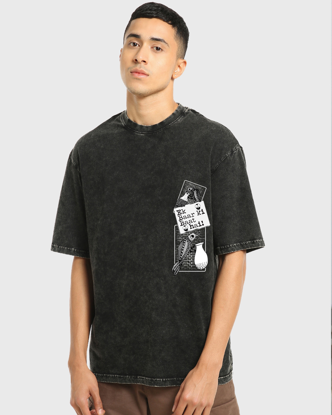 Shop Men's Black Kahani Graphic Printed Oversized Acid Wash T-shirt-Back