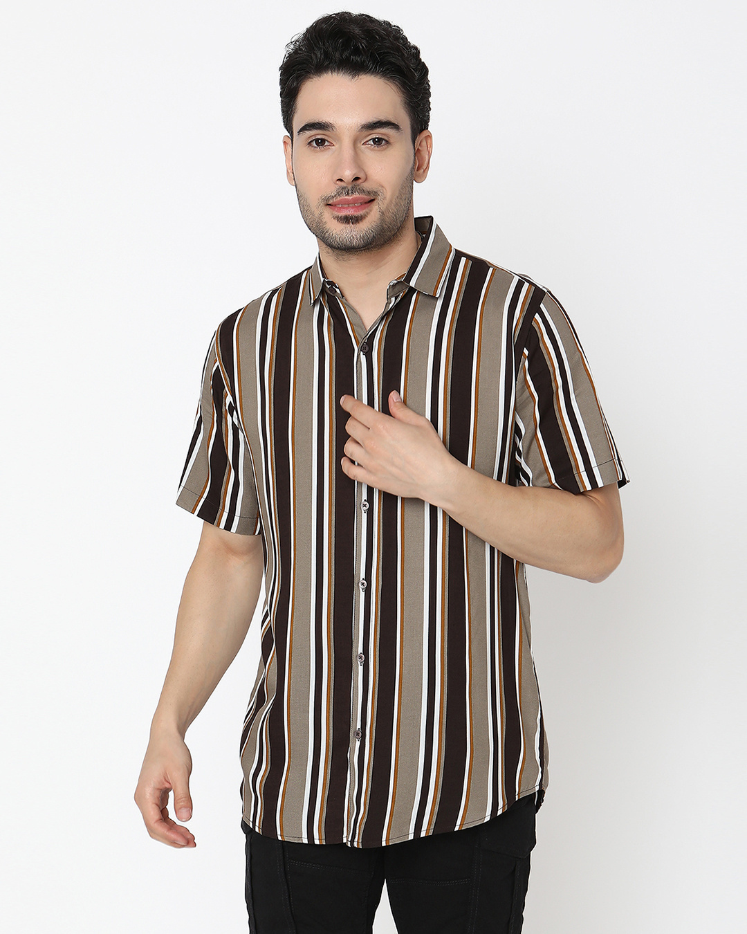 Buy Men's Black & Khakhi Striped Shirt for Men Beige Online at Bewakoof
