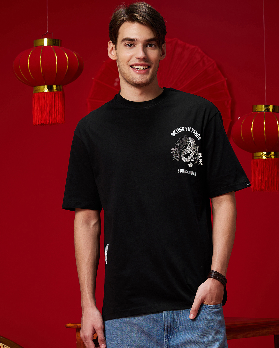 Shop Men's Black Kungfu Smackdown Graphic Printed Oversized T-shirt-Back