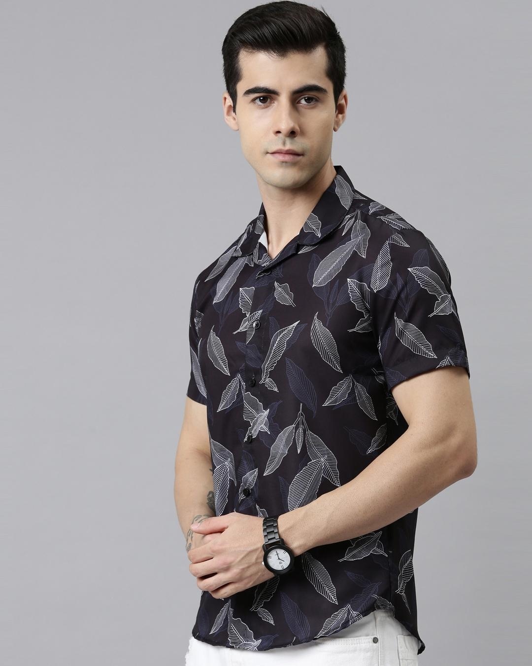Shop Men's Black Leaf Printed Slim Fit Shirt-Back