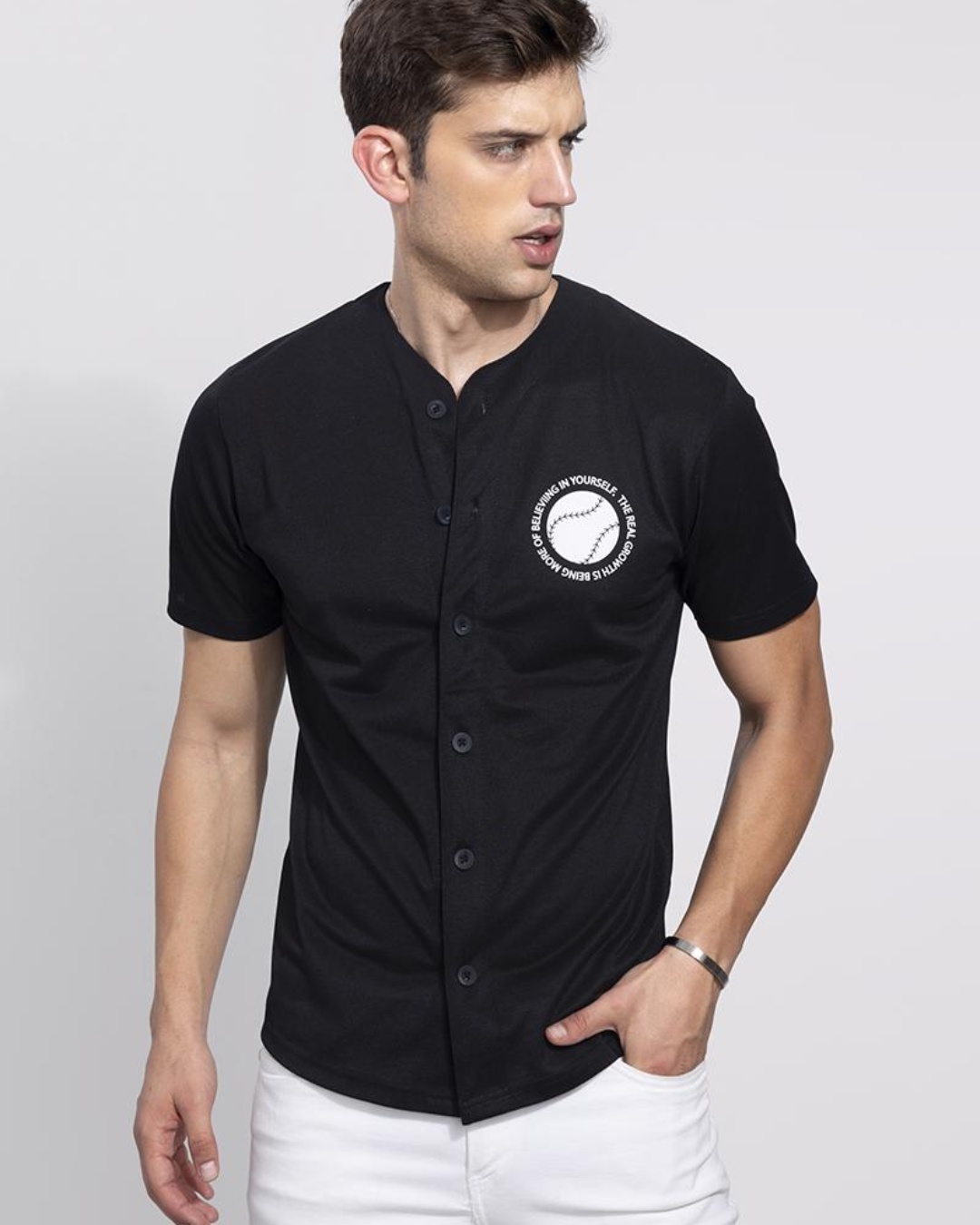 Shop Men's Black Living In Yourself Graphic Printed Slim Fit Baseball Shirt-Back