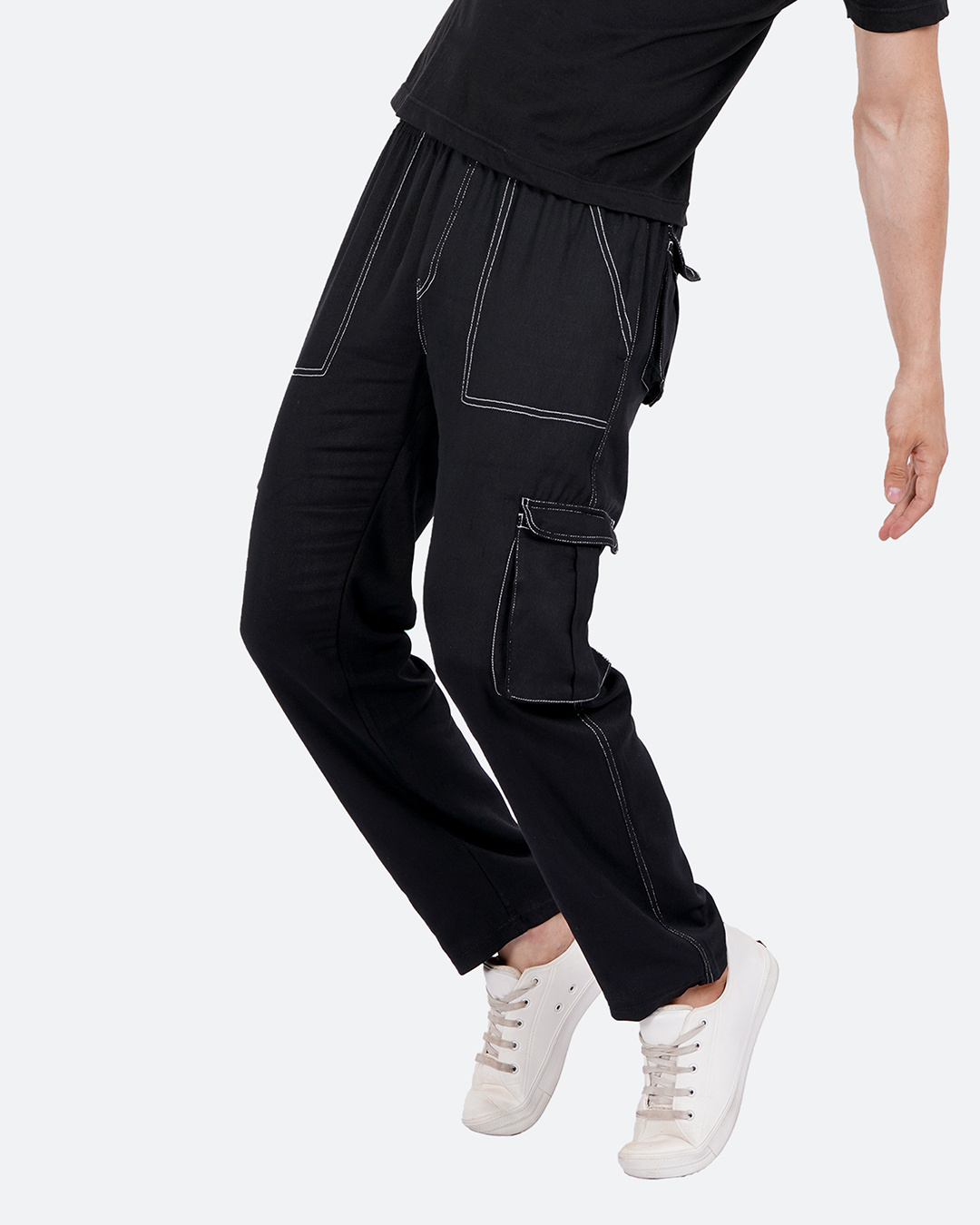 Shop Men's Black Loose Comfort Fit Cargo Track Pants-Back