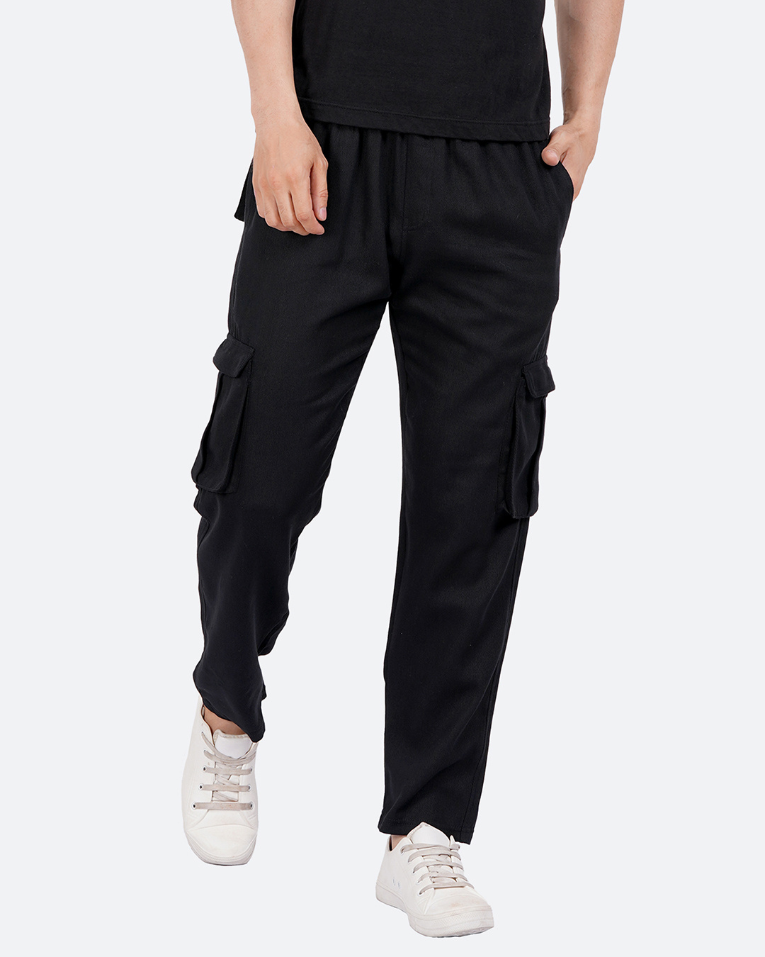 Shop Men's Black Loose Comfort Fit Cargo Track Pants-Back