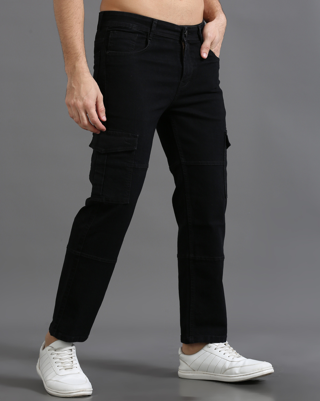 Shop Men's Black Loose Comfort Fit Cargo Jeans-Back