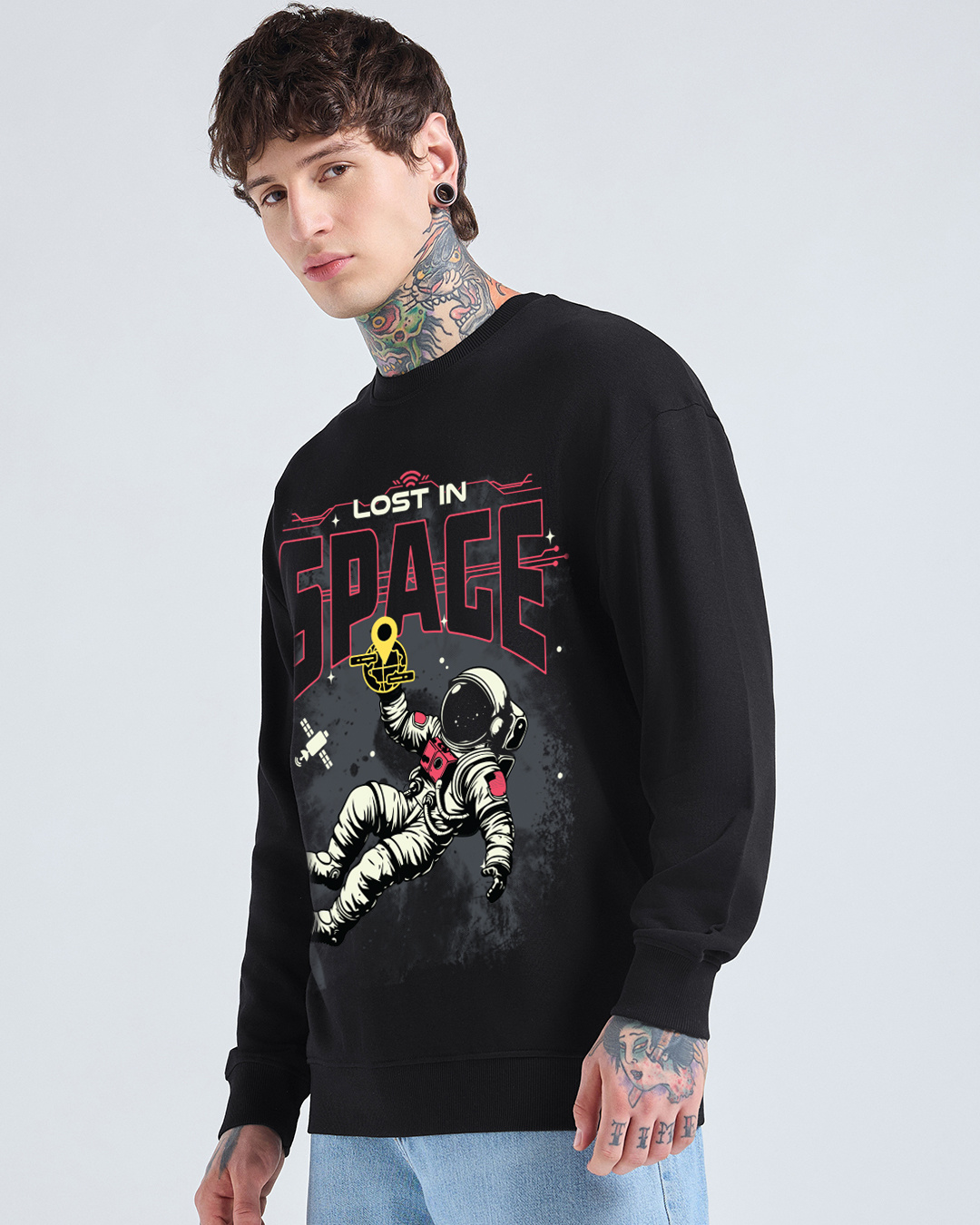 Shop Men's Black Lost In Space Graphic Printed Oversized Sweatshirt-Back