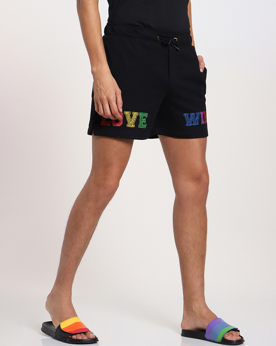 Shop Men's Black Love Wins Pride Typography Plus Size Shorts-Back