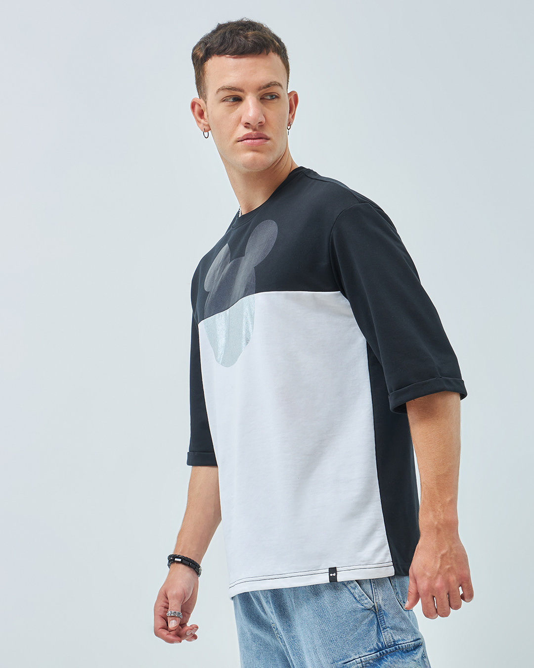 Shop Men's Black & White Mickey Graphic Printed Super Loose Fit T-shirt-Back
