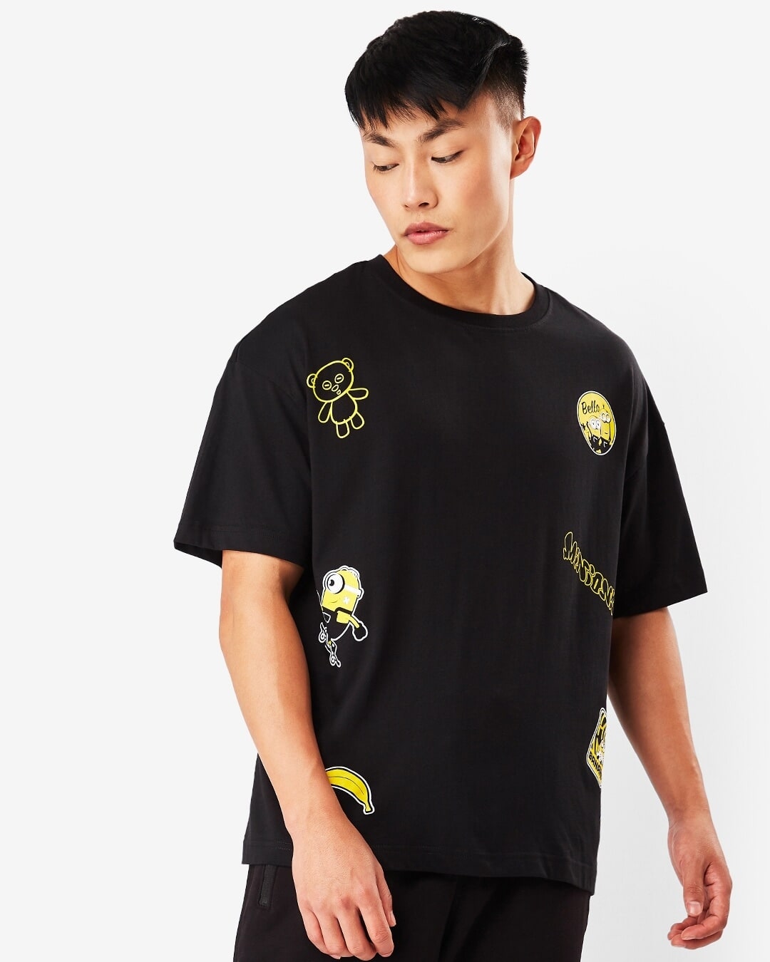 Shop Men's Black Minion Badges Graphic Printed Oversized T-shirt-Back