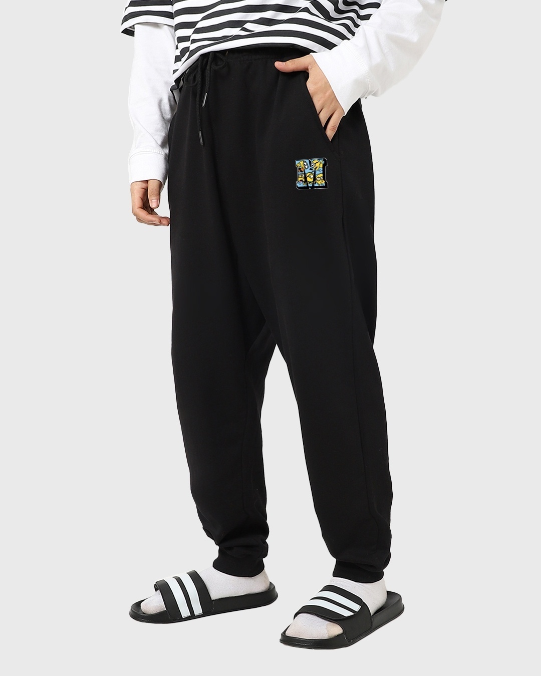 Shop Men's Black Minion M Badge Printed Oversized Joggers-Back