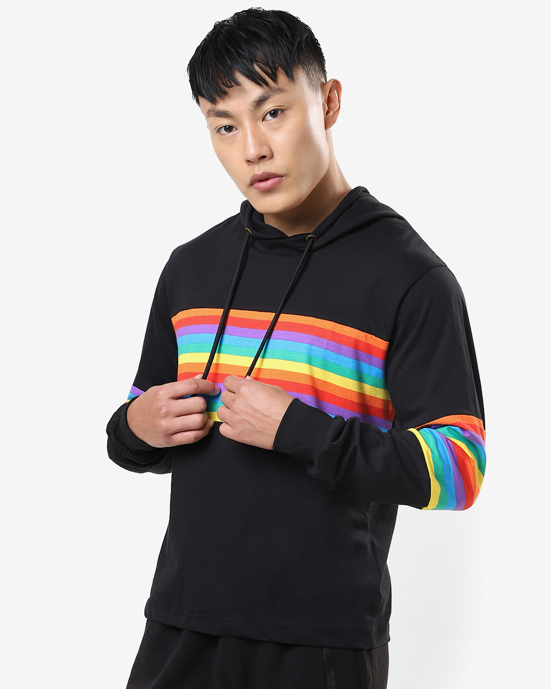 Shop Men's Black Multicolor Stripe Hoodie T-shirt-Back