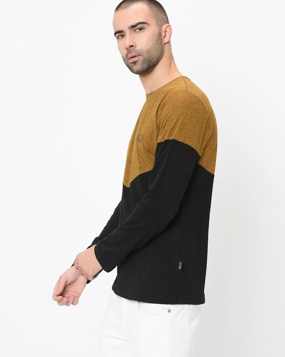 Shop Men's Black & Mustard Color Block Slim Fit T-shirt-Back