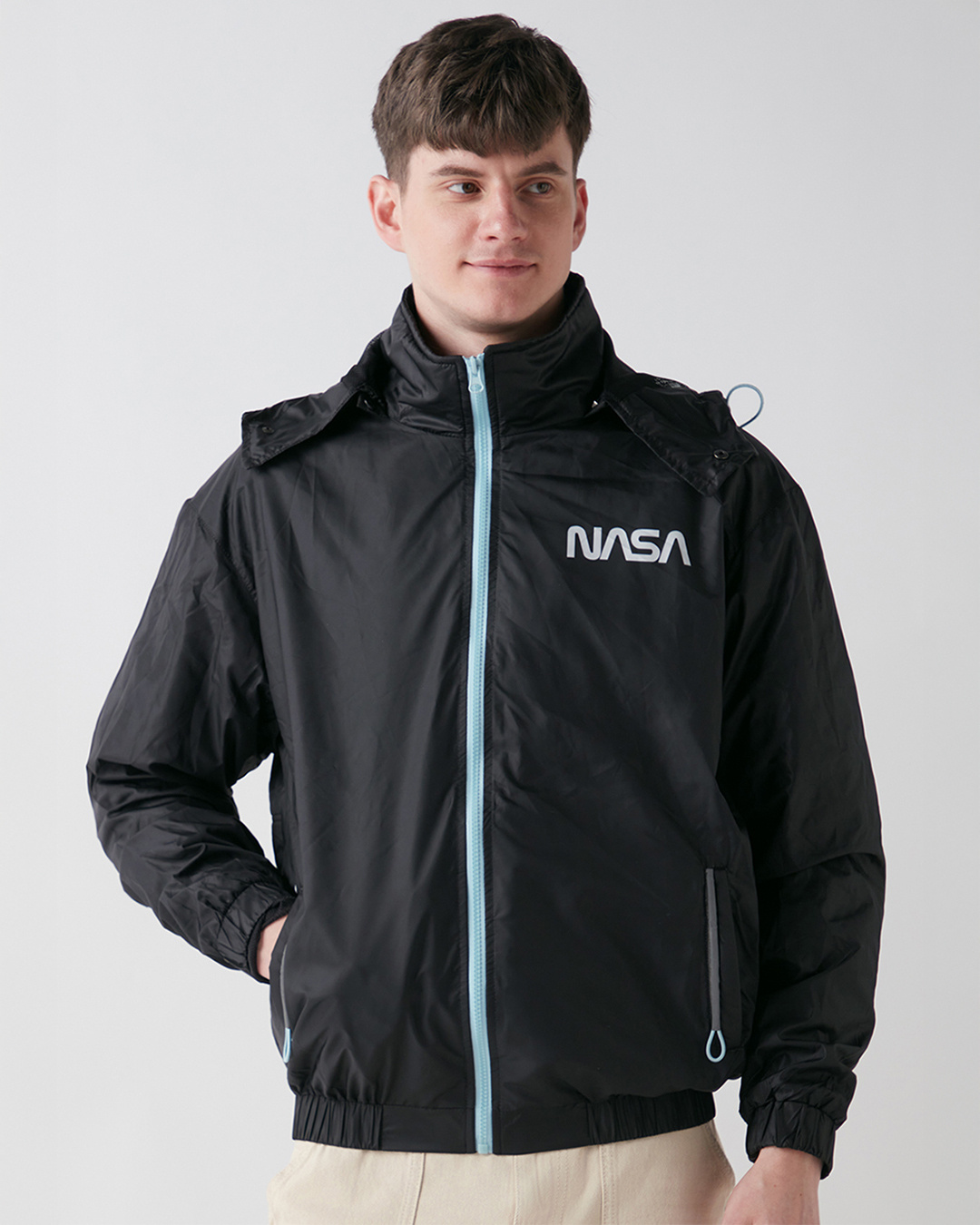 Shop Men's Black Nasa Graphic Printed Oversized Bomber Jacket-Back