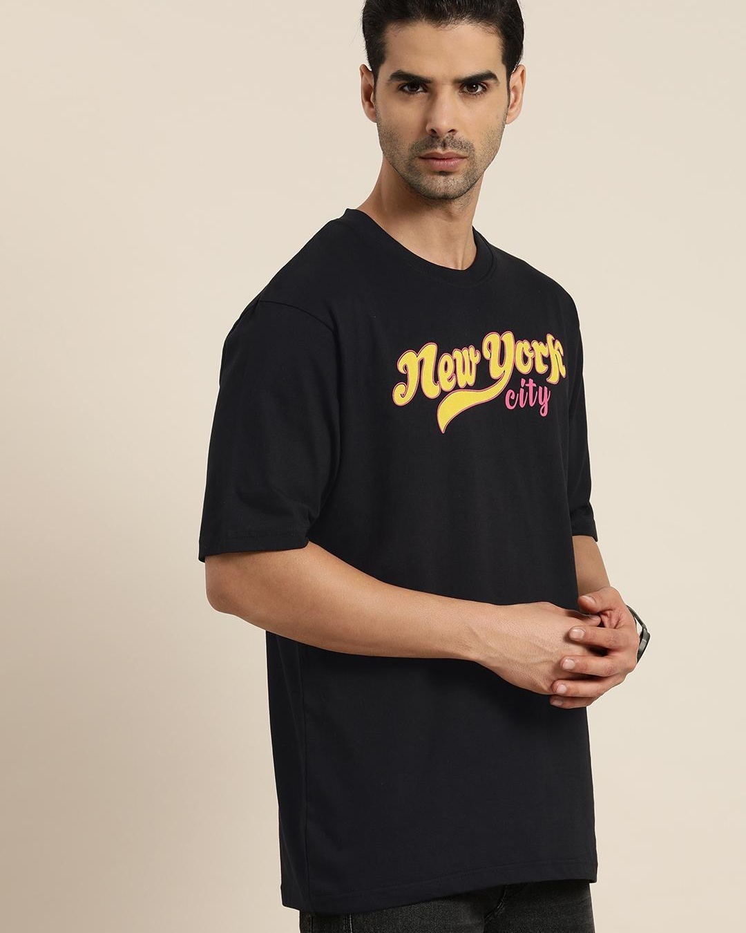 Shop Men's Black New York Typography Oversized T-shirt-Back