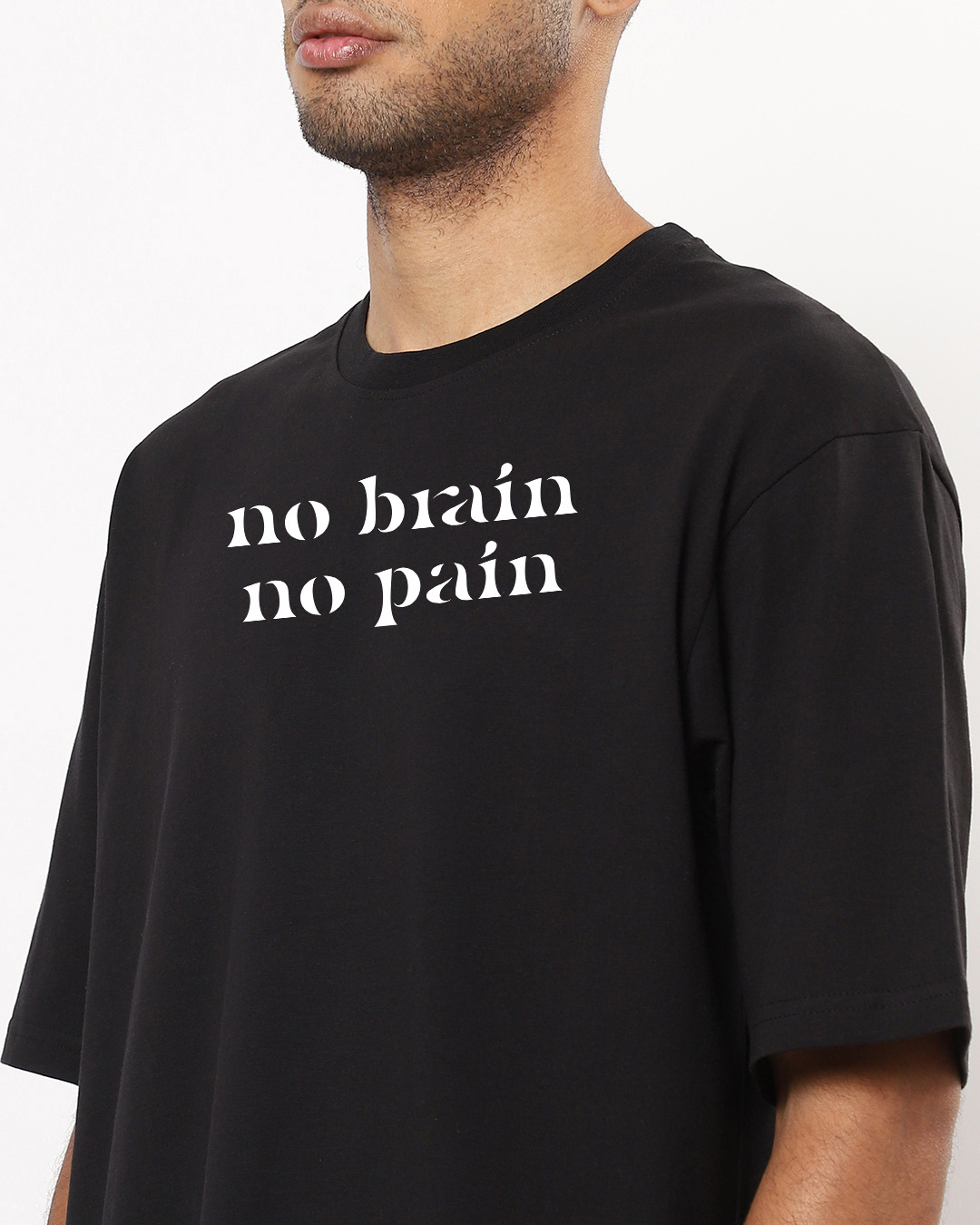 Shop Men's Black No Brain No Pain Typography Oversized T-shirt-Back