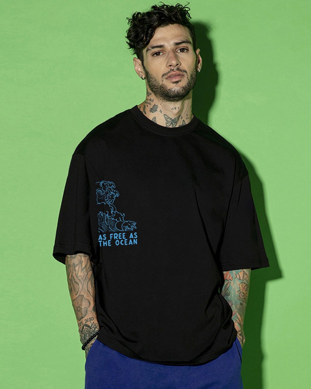 Shop Men's Black Ocean Child Graphic Printed Oversized T-shirt-Back