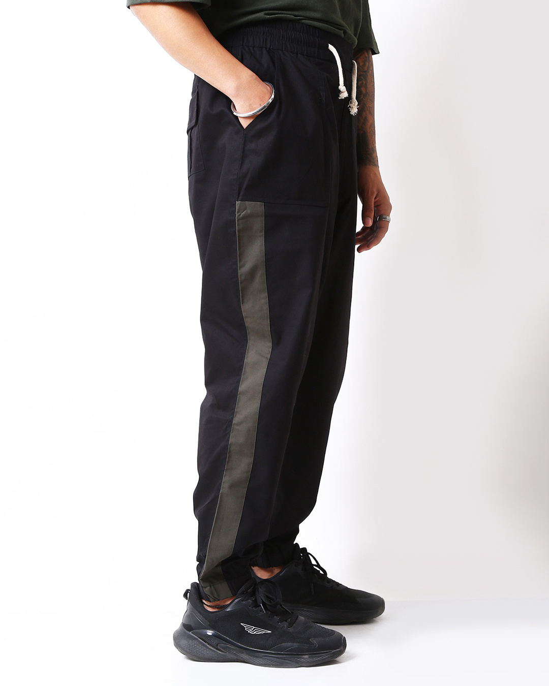 Shop Men's Black & Olive Green Loose Comfort Fit Harem Joggers-Back