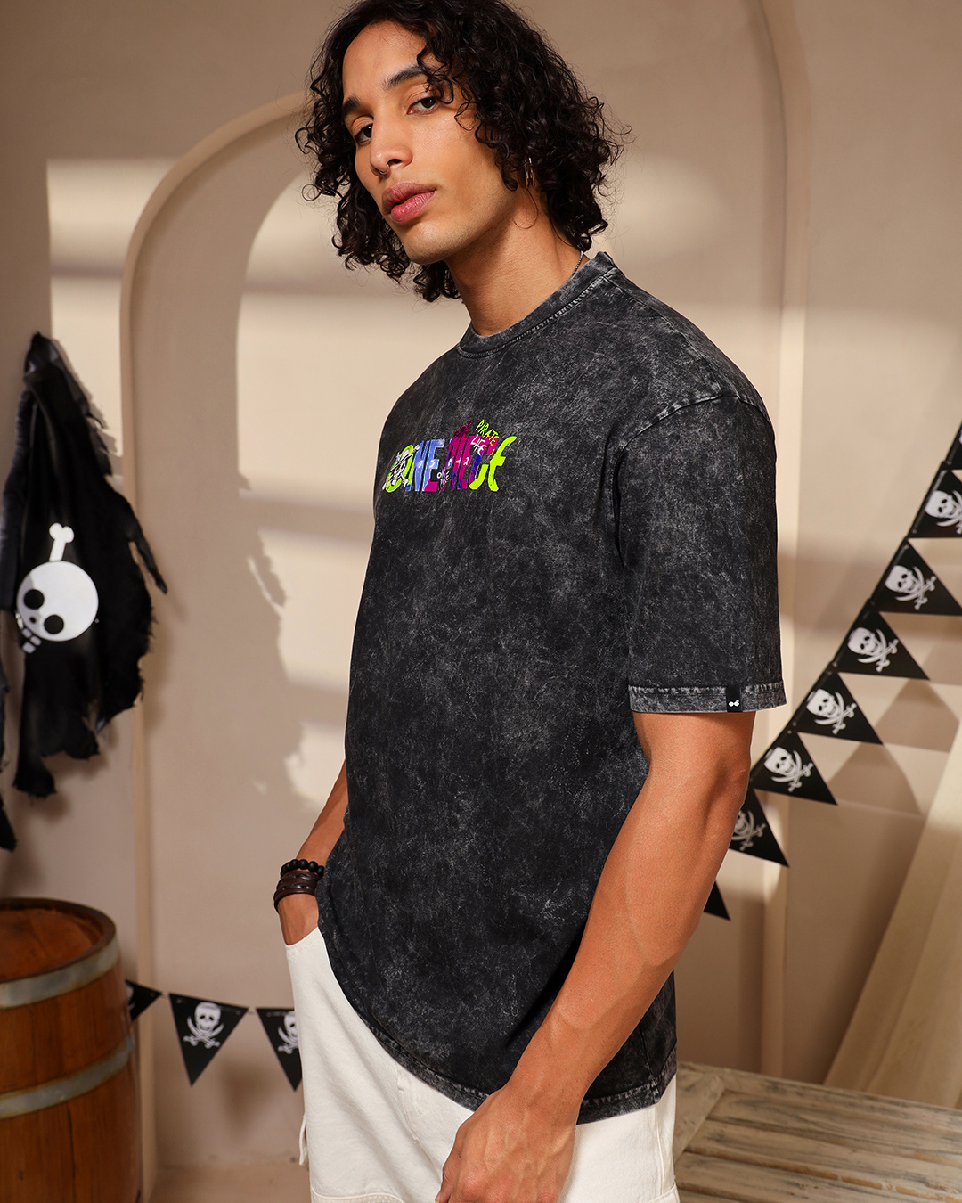 Shop Men's Black One Piece Graphic Printed Oversized Acid Wash T-shirt-Back