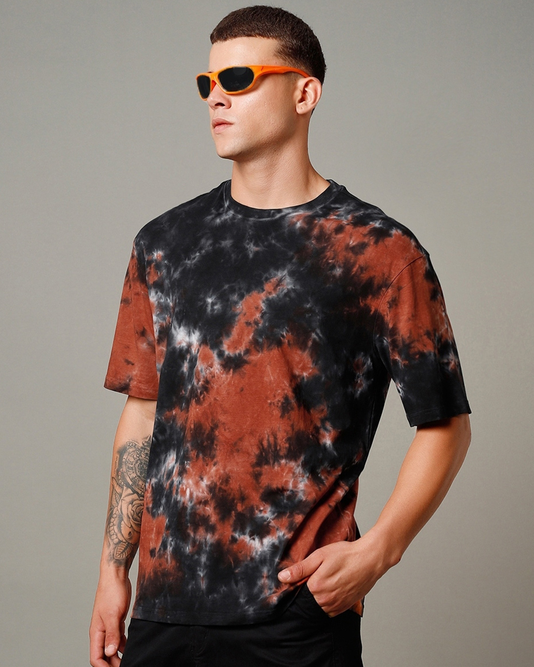 Shop Men's Black & Orange Tie & Dye Oversized T-shirt-Back