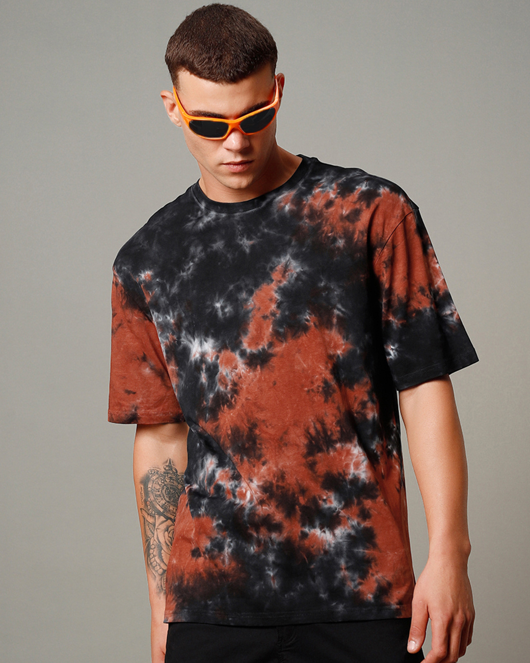 Shop Men's Black & Orange Tie & Dye Oversized T-shirt-Back