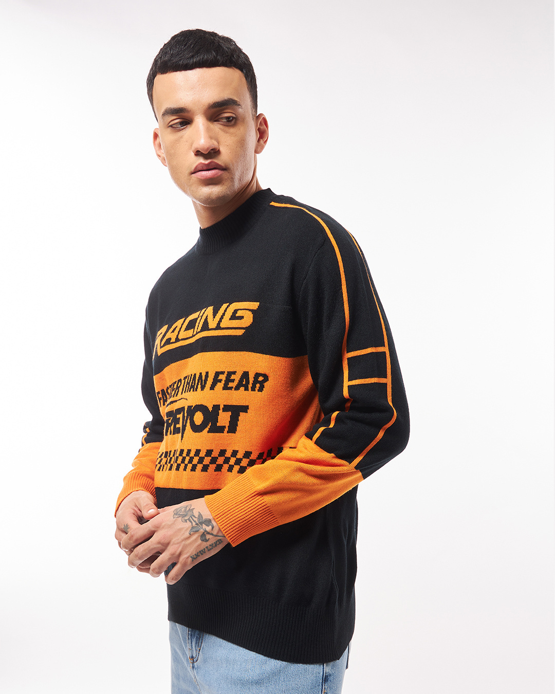 Shop Men's Black & Orange Typography Oversized Sweater-Back