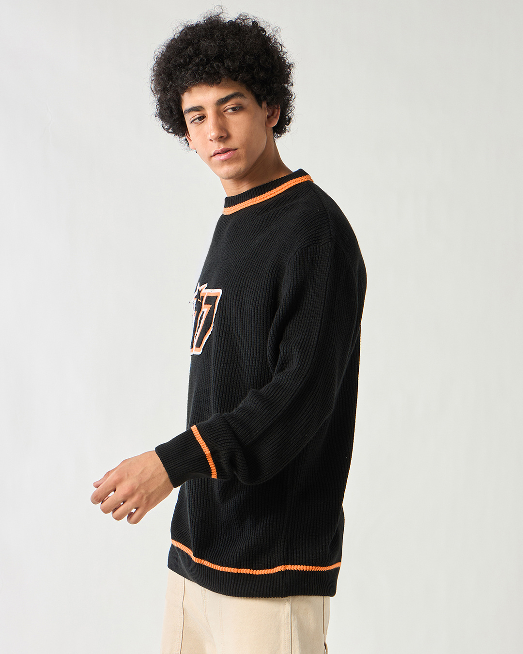 Shop Men's Black & Orange Typography Super Loose Fit Sweater-Back